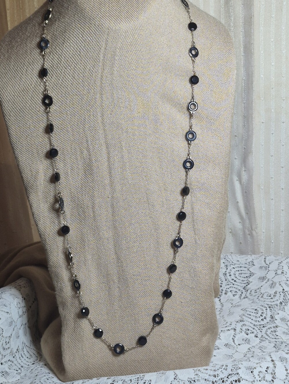 J. Crew Vintage Long Black Onyx Style Station Chain Necklace